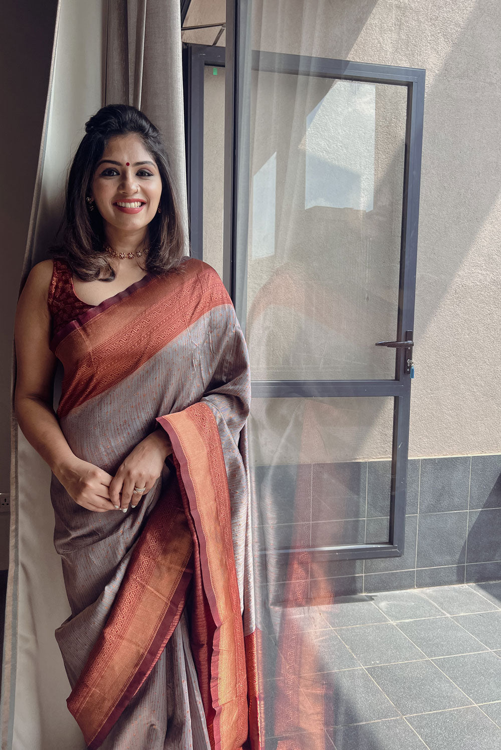 Traditional Grey Pure Soft Semi-Silk Saree with Engrossing Maroon Blouse