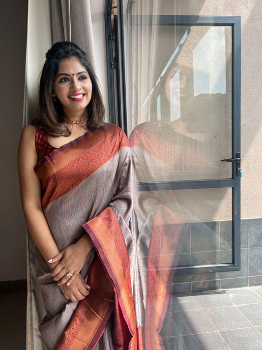 Traditional Grey Pure Soft Semi-Silk Saree with Engrossing Maroon Blouse