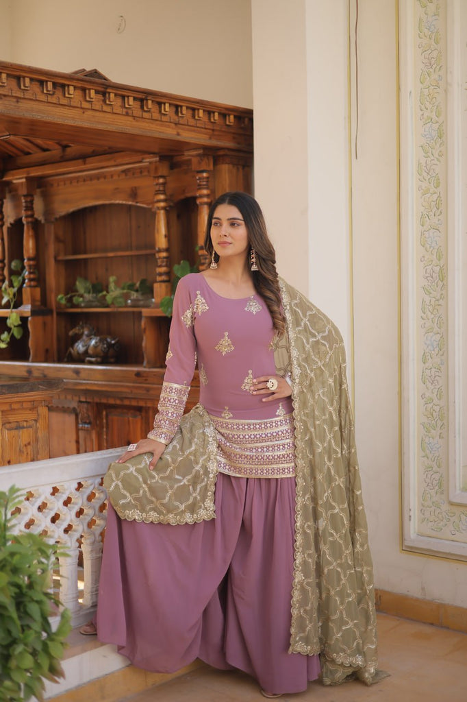 Trendy Lavender Faux Georgette Kurti Palazzo With Sequins Thread Embroidery