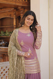 Trendy Lavender Faux Georgette Kurti Palazzo With Sequins Thread Embroidery