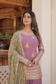 Trendy Lavender Faux Georgette Kurti Palazzo With Sequins Thread Embroidery