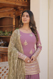 Trendy Lavender Faux Georgette Kurti Palazzo With Sequins Thread Embroidery