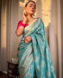 Turquoise Green Indian South Silk Saree with Twirling Blouse Piece