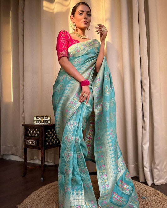 Turquoise Green Indian South Silk Saree with Twirling Blouse Piece