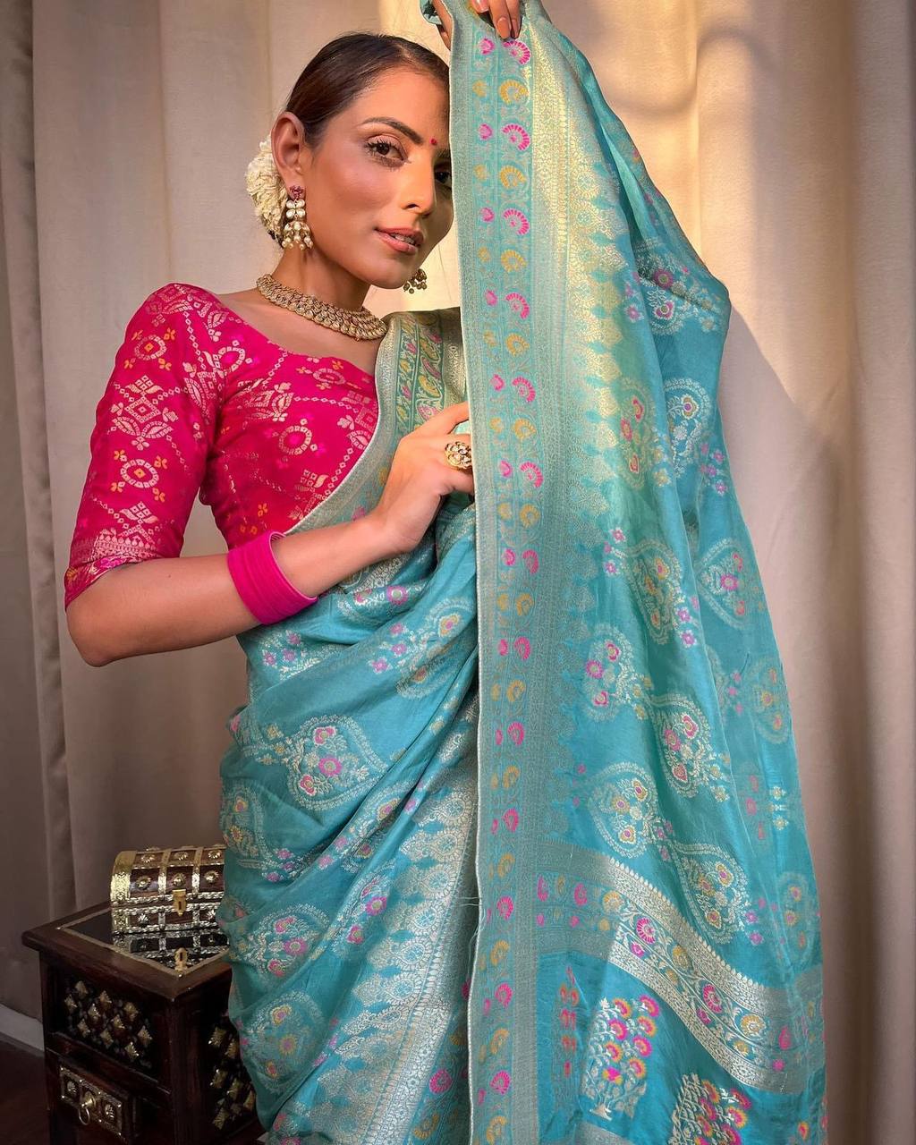 Turquoise Green Indian South Silk Saree with Twirling Blouse Piece