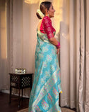 Turquoise Green Indian South Silk Saree with Twirling Blouse Piece