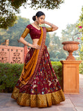 Maroon Minakari With Foil Print Tussar Silk Sider Lehenga Choli