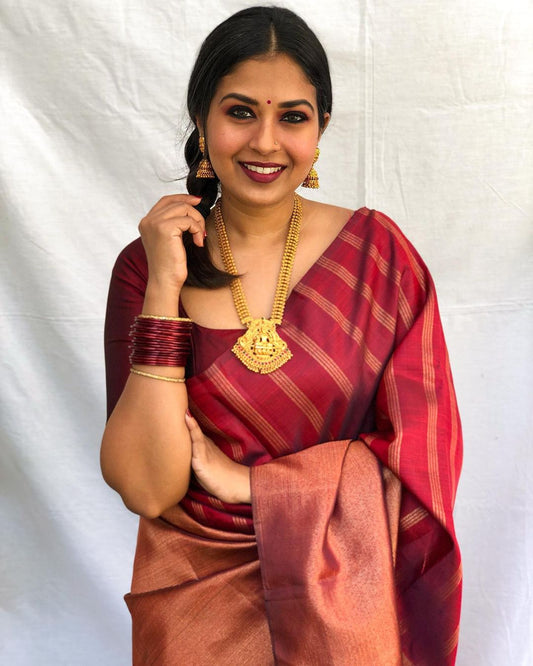 Twirling in Maroon Soft Silk Saree with Complementary Blouse Piece