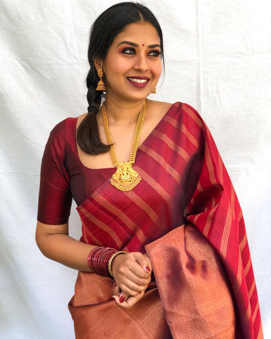 Twirling in Maroon Soft Silk Saree with Complementary Blouse Piece