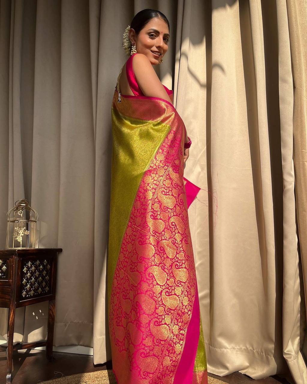 Best Indian Soft Silk Saree  Graceful Pink and Green Border Pure Soft Silk  Saree – Glamatyou Fashion