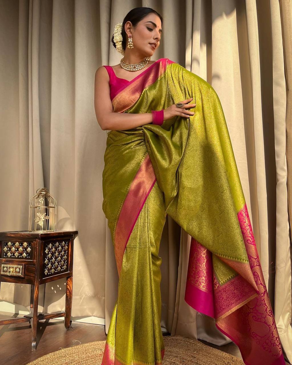 Best Indian Soft Silk Saree  Graceful Pink and Green Border Pure Soft Silk  Saree – Glamatyou Fashion