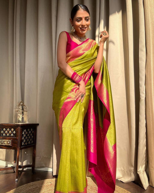 Vibrant Lime and Pink Border Pure Soft Silk Saree with Fashionable Blouse Piece