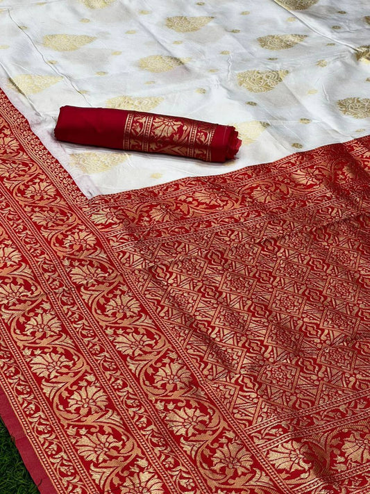 White Red Pure Soft Kota Silk Saree with Intricate Design and Blouse Piece