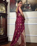 Wine Pure Soft Silk Saree With Matching Blouse Piece