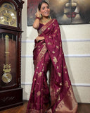 Wine Pure Soft Silk Saree With Matching Blouse Piece