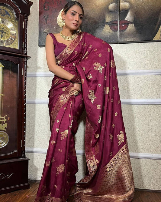Wine Pure Soft Silk Saree With Matching Blouse Piece
