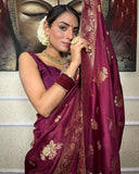 Wine Pure Soft Silk Saree With Matching Blouse Piece