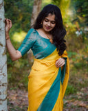 Yellow & Firozi Soft Silk Saree with Complementary Copper Zari Work Blouse