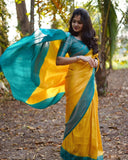 Yellow & Firozi Soft Silk Saree with Complementary Copper Zari Work Blouse