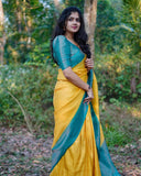 Yellow & Firozi Soft Silk Saree with Complementary Copper Zari Work Blouse