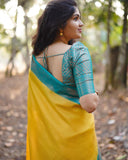 Yellow & Firozi Soft Silk Saree with Complementary Copper Zari Work Blouse