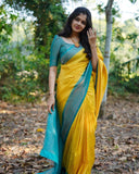 Yellow & Firozi Soft Silk Saree with Complementary Copper Zari Work Blouse