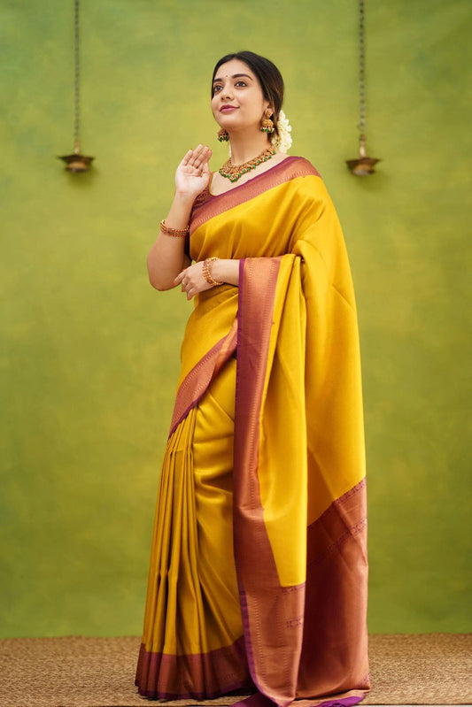 Yellow Pure Soft Silk Saree with Twirling Blouse Piece