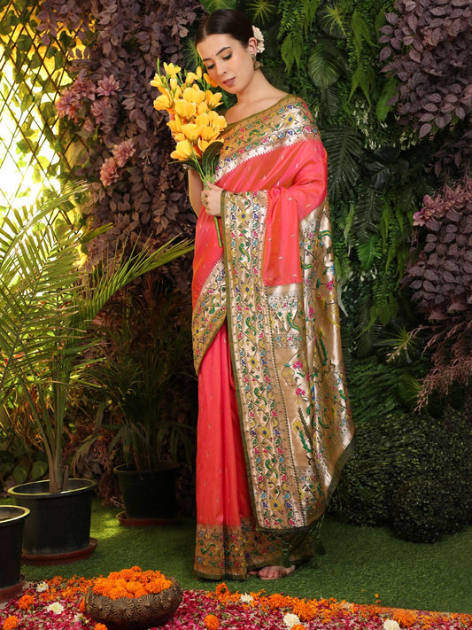 Zari Woven Design Paithani Silk Saree In Peach