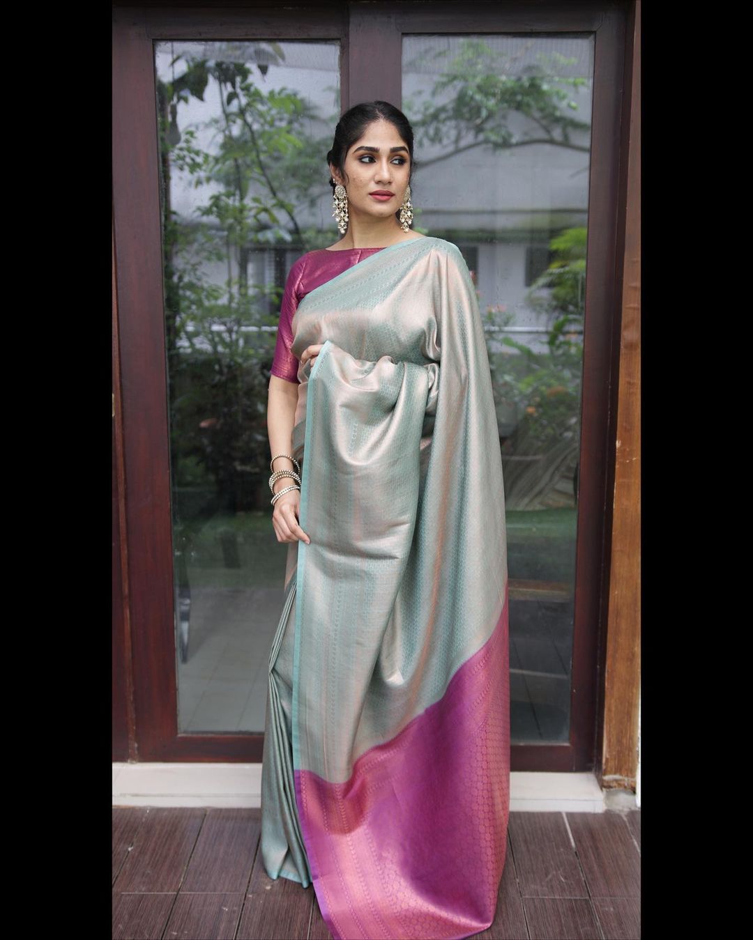 Stunning Fusion Firozi and Magenta Soft Silk Saree