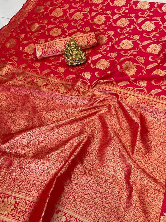 Confounding Charisma Red Pure Soft Silk Saree with Matching Blouse