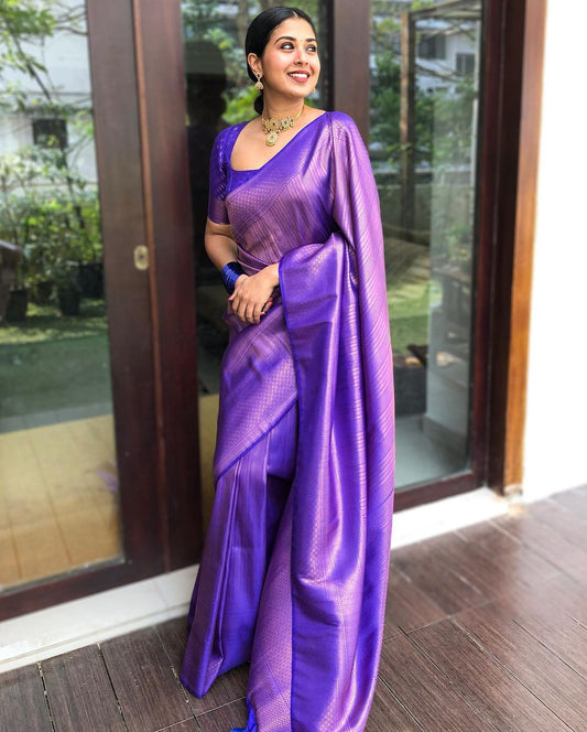 Elevate Your Style with Vibrant Violet Pure Soft Silk Saree and Matching Blouse