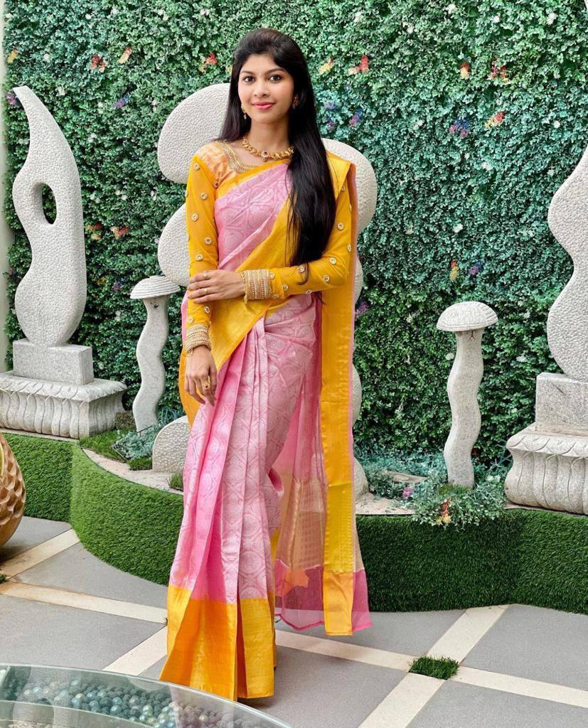 Gorgeous pink and yellow color combination embroidery saree and yellow  blouse with floral embroidery work blouse.