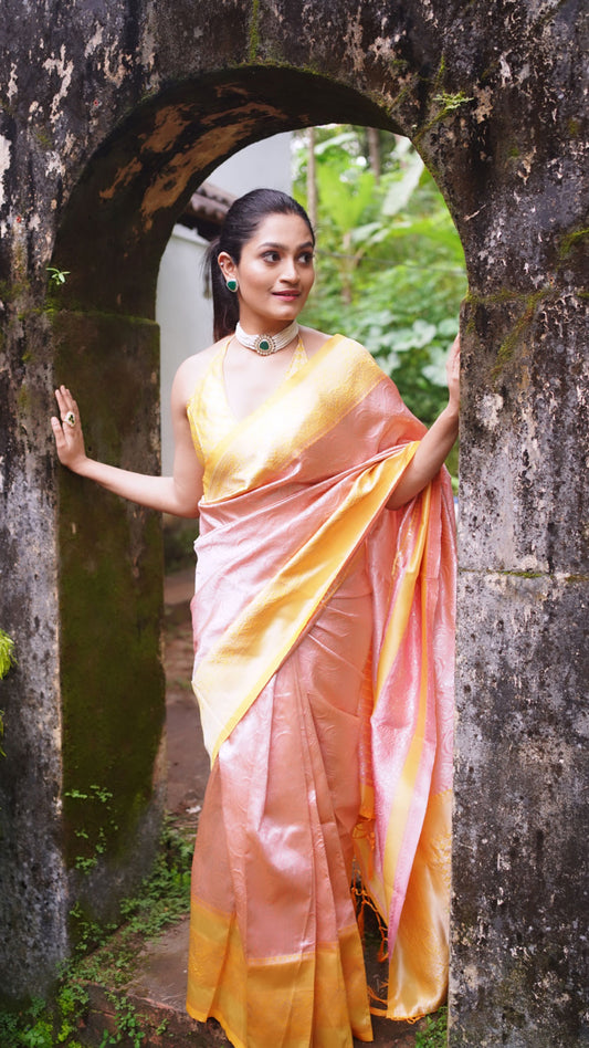 Graceful Baby Pink and Yellow Pure Soft Silk Saree with Contrasting Blouse Piece