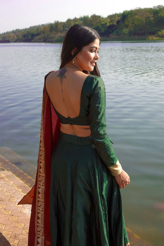 Green Banarasi Silk Designer Lehenga with Maroon Dupatta and Golden Zari Weaving