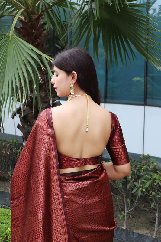 Maroon Pure Soft Silk Saree With Copper Zari Weaving