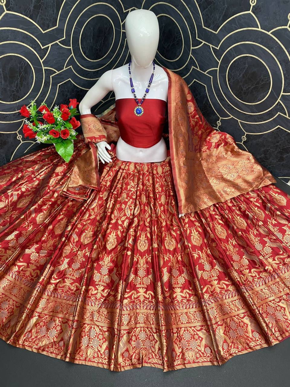Lavanya The Label Red & Gold-Toned Embellished Ready to Wear Lehenga &  Blouse With Dupatta - Absolutely Desi