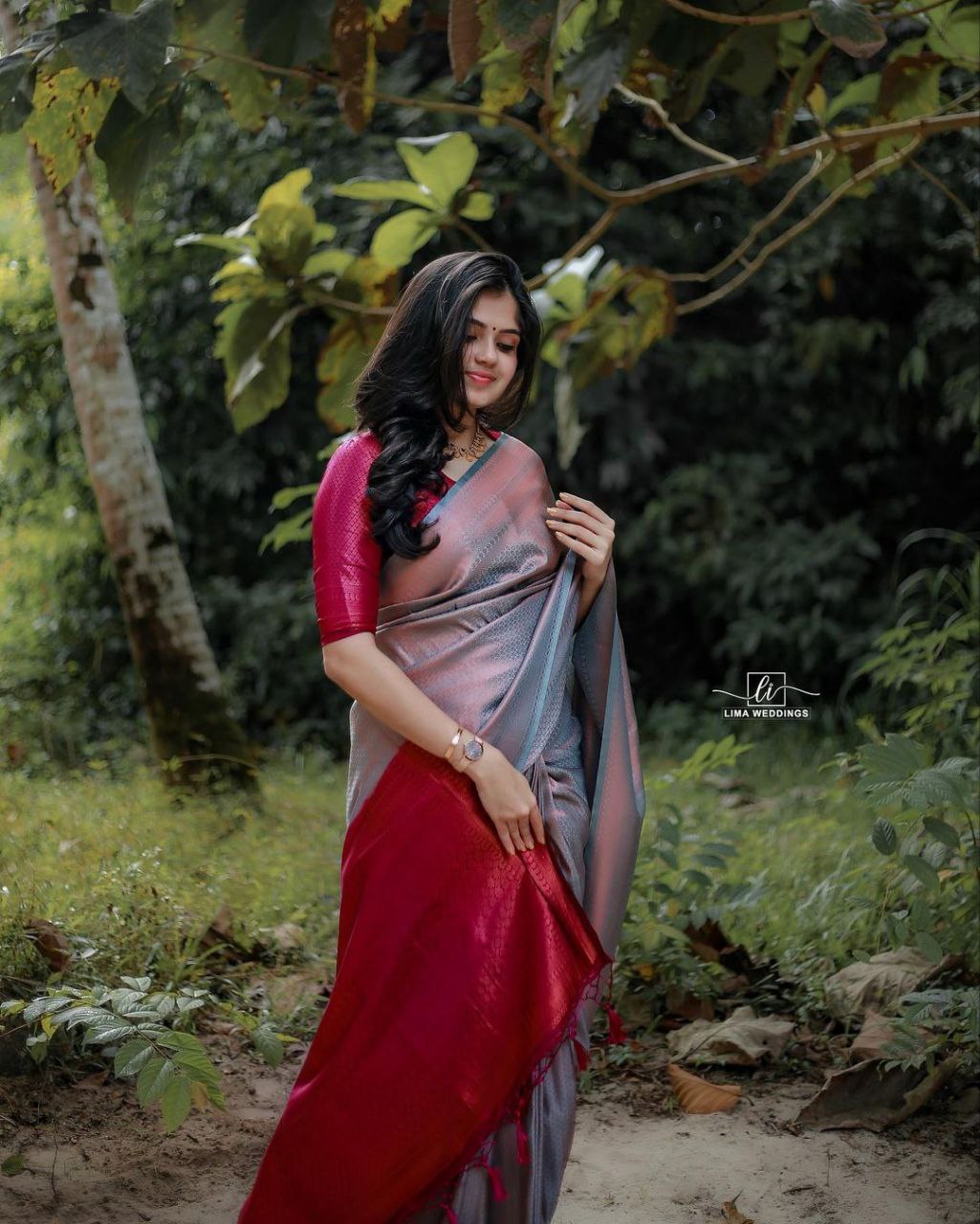 STUNNING DARK FIROZI COLOUR SAREE WITH HEAVY MAROON BROCADE BLOUSE