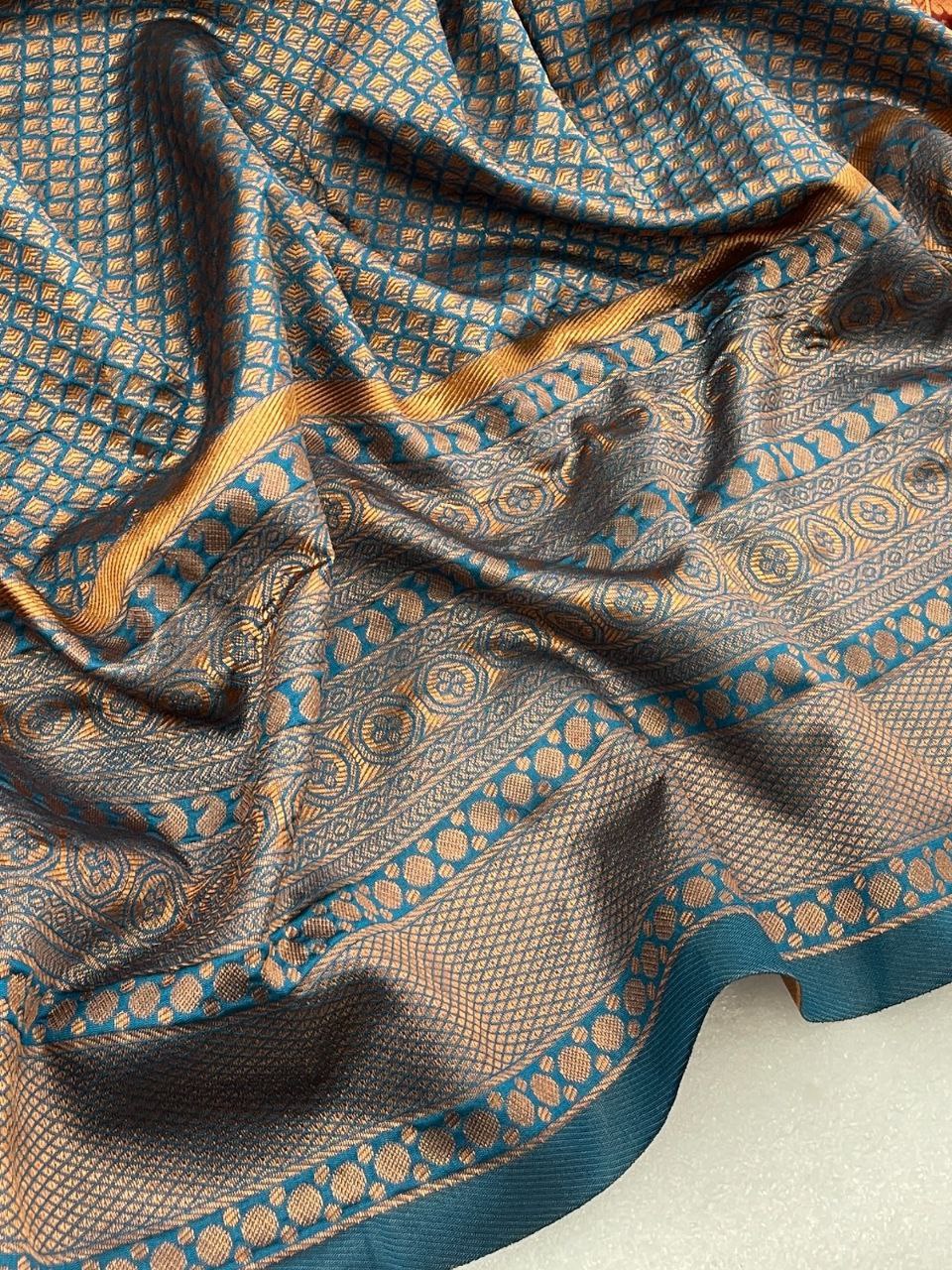 STUNNING DARK FIROZI COLOUR SAREE WITH HEAVY MAROON BROCADE BLOUSE