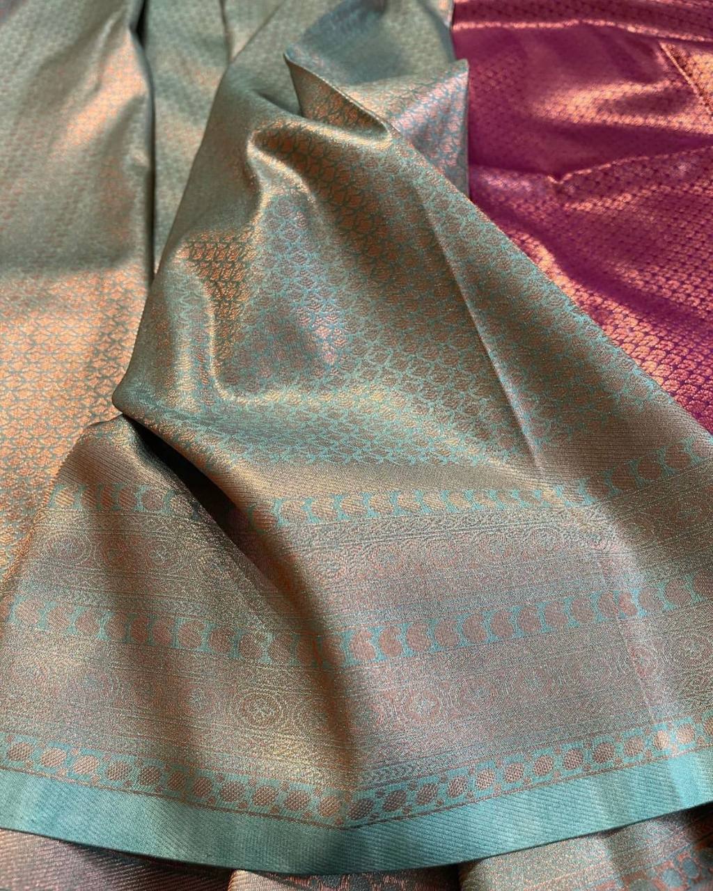 Stunning Fusion Firozi and Magenta Soft Silk Saree