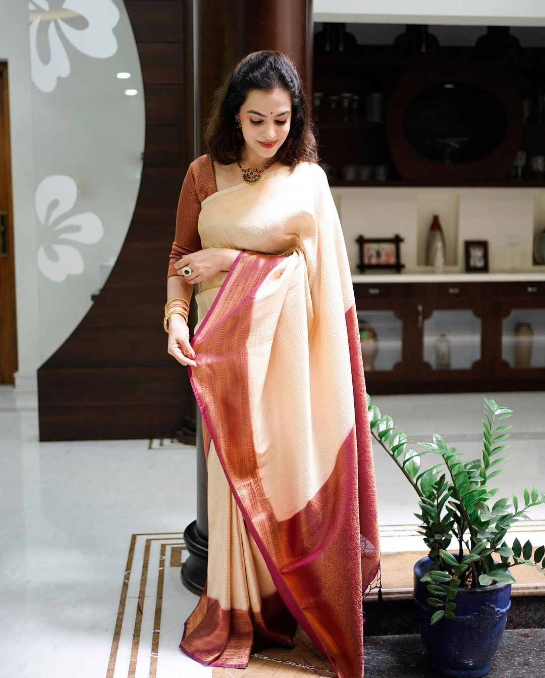 Regal Cream and Maroon Soft Silk Saree with Zari Work