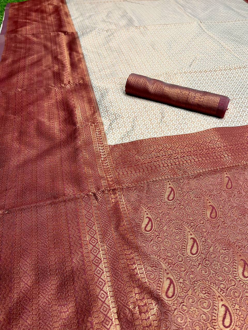 Regal Cream and Maroon Soft Silk Saree with Zari Work