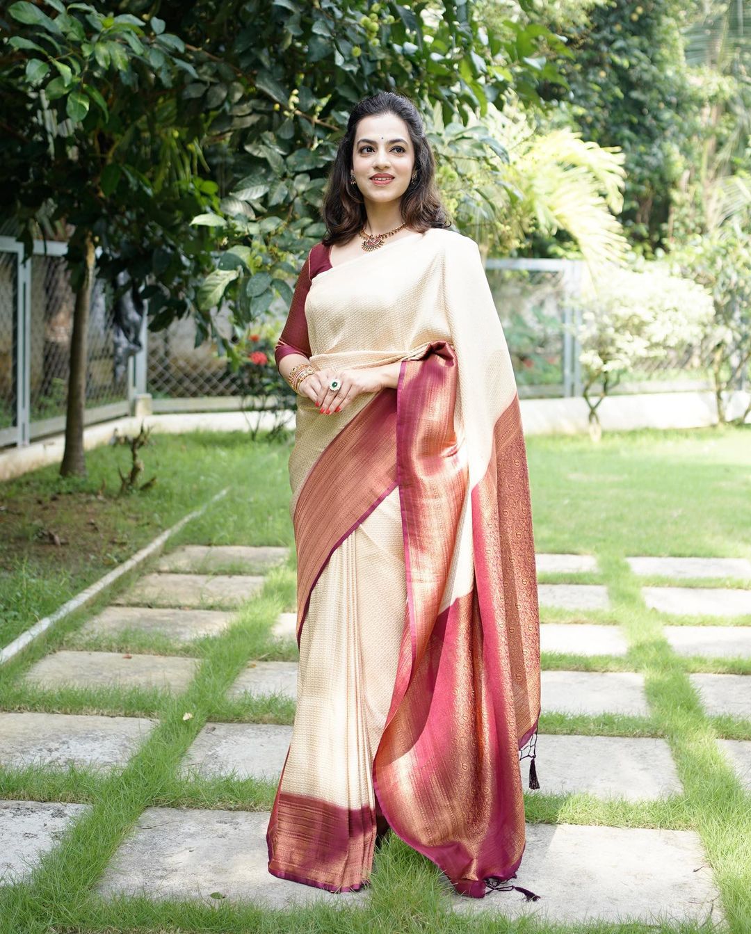 Regal Cream and Maroon Soft Silk Saree with Zari Work