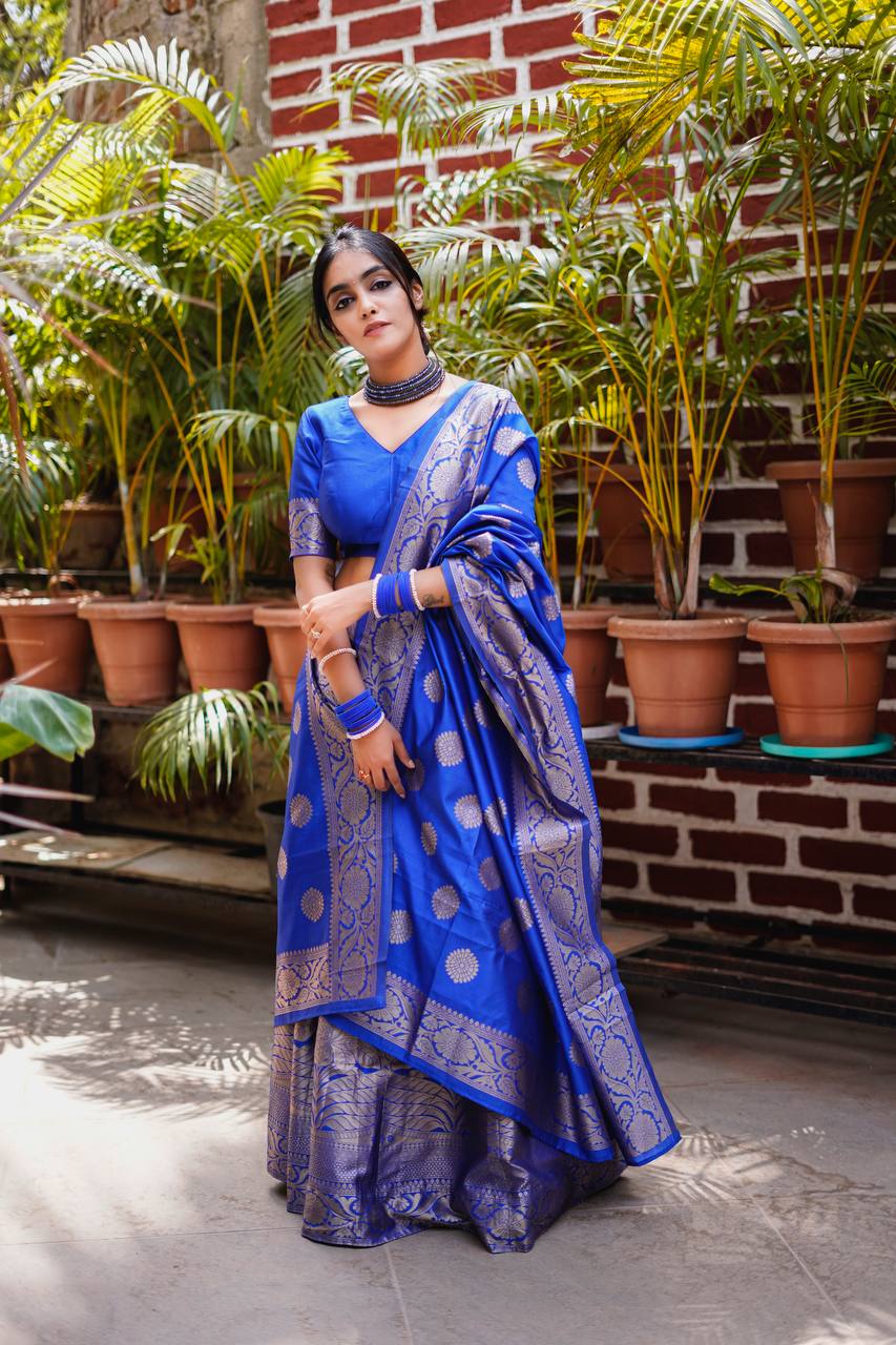 royal blue weave with golden zari embellishments banarasi lehenga design 3