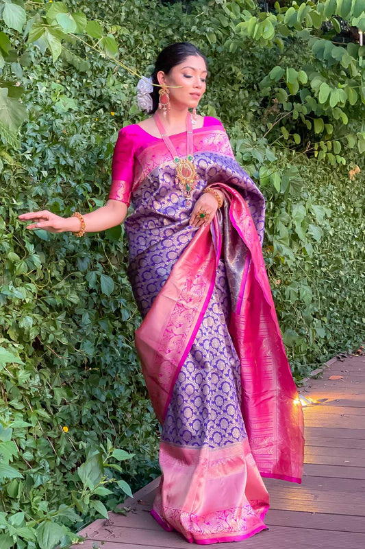 Snazzy Wine Banarasi Silk Saree With Matching Blouse Piece