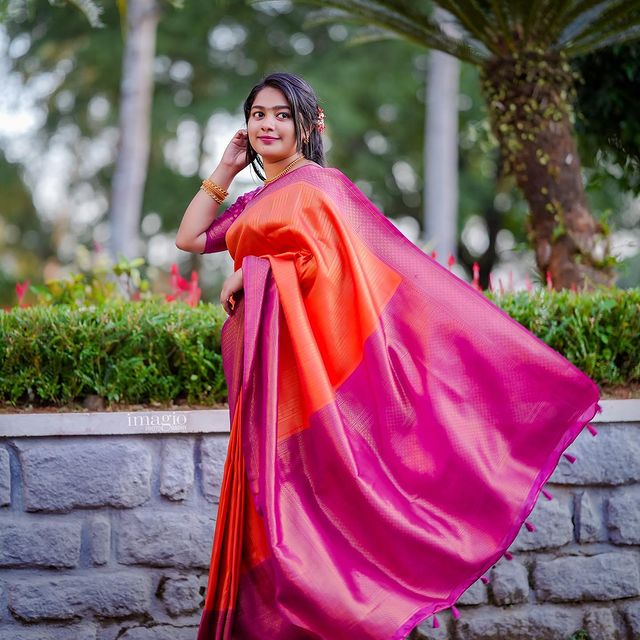 Twirl in Style with Incomparable Orange Pink Pure Soft Silk Saree